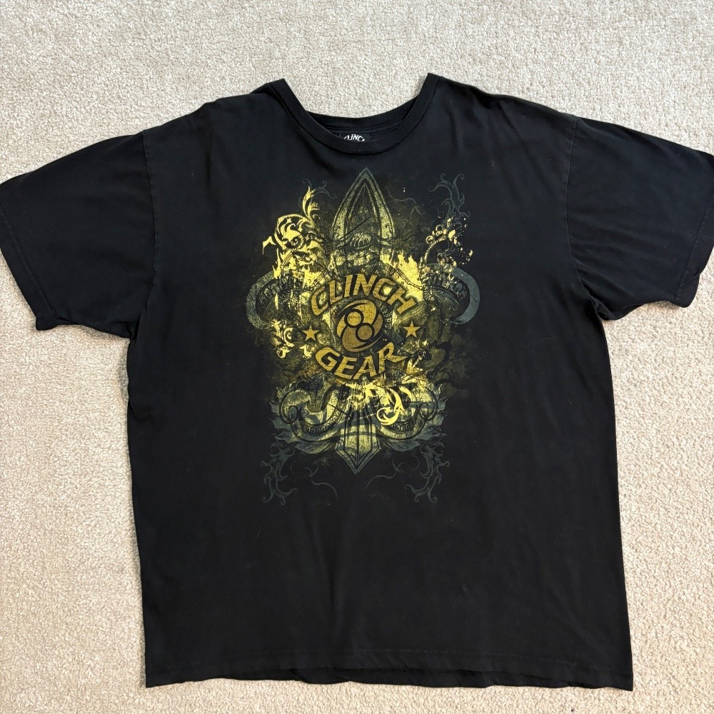 Vintage Clinch Gear Graphic T-Shirt Short Sleeve Black Tee‎ Top 2XL